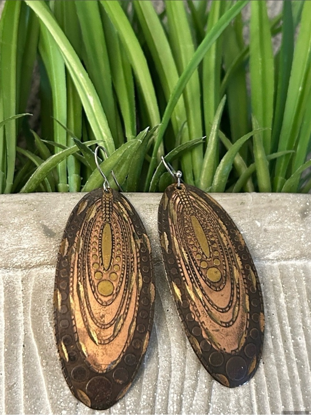 Handcrafted Copper Oval Dangle Earrings - Gold & Bronze Tones